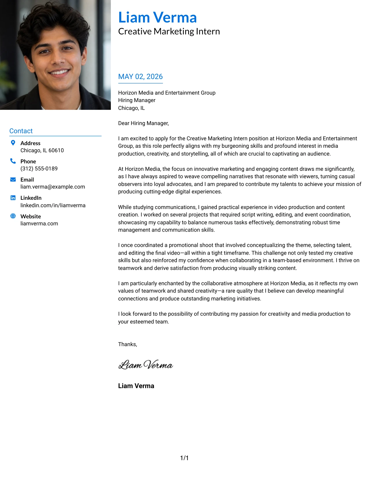 Creative Marketing Intern Cover Letter Example Large Profile Photo International Two Column Format