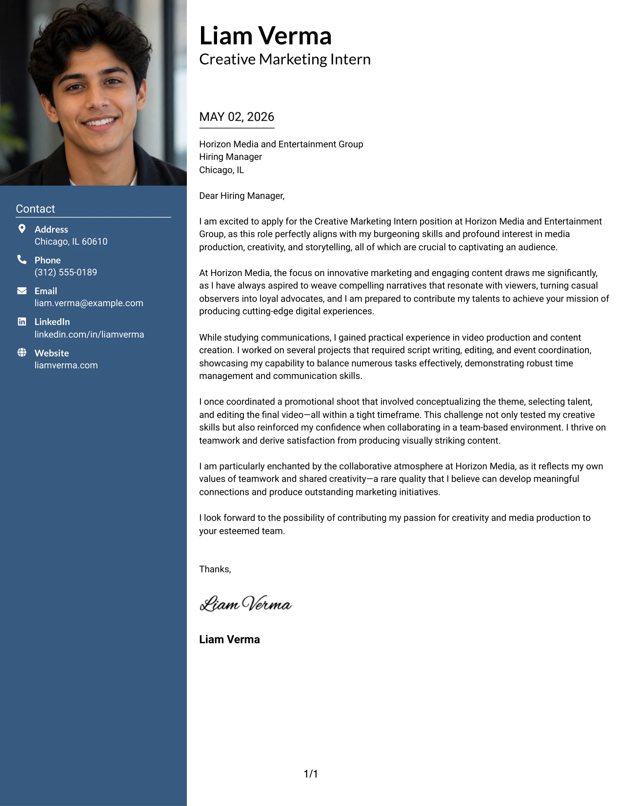 Creative Marketing Intern Cover Letter Example with Photo Header