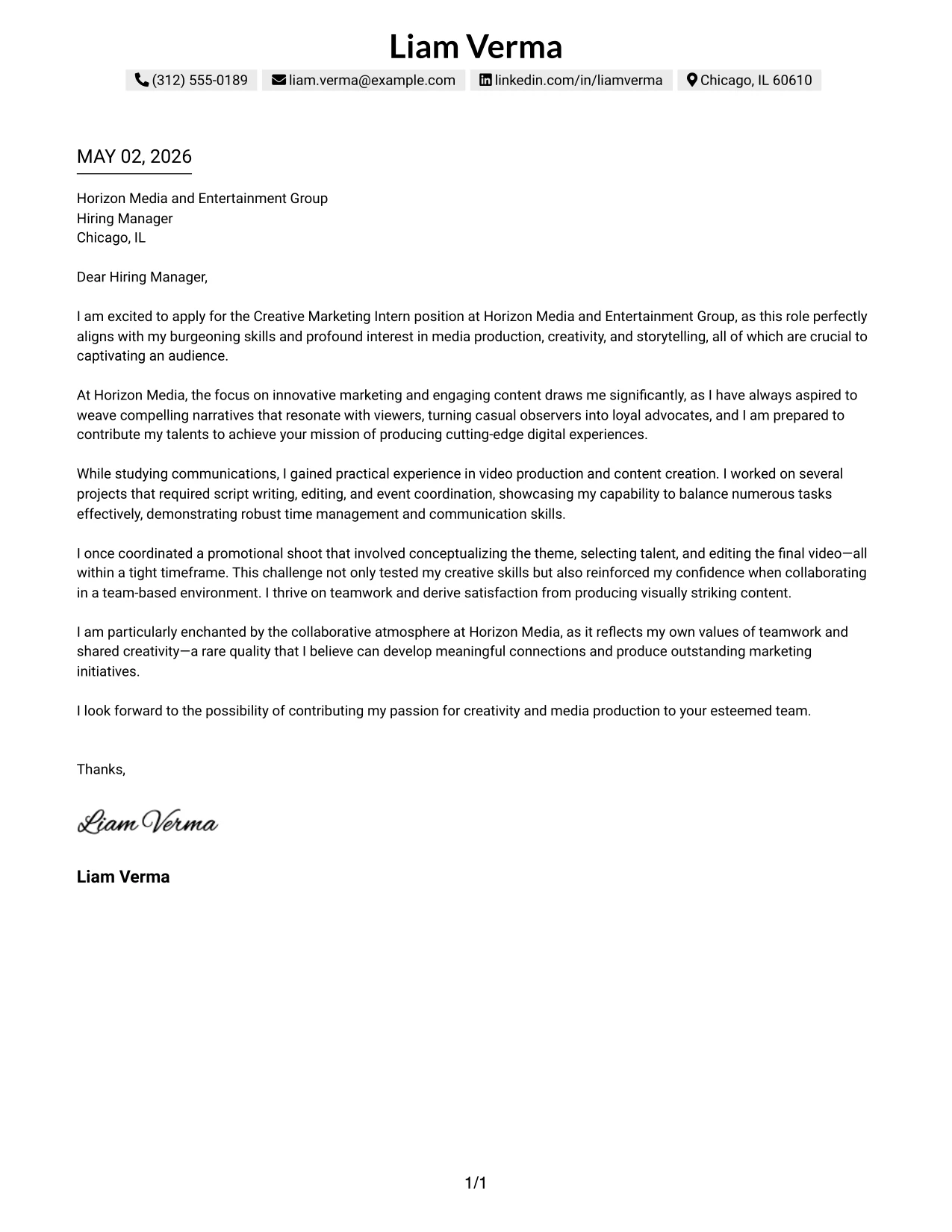 Creative Marketing Intern Cover Letter Example One Column Shaded Contact Header Format