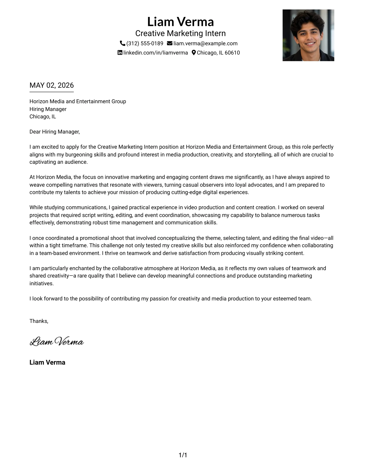 Creative Marketing Intern Cover Letter Example One Column Format with Photo Right