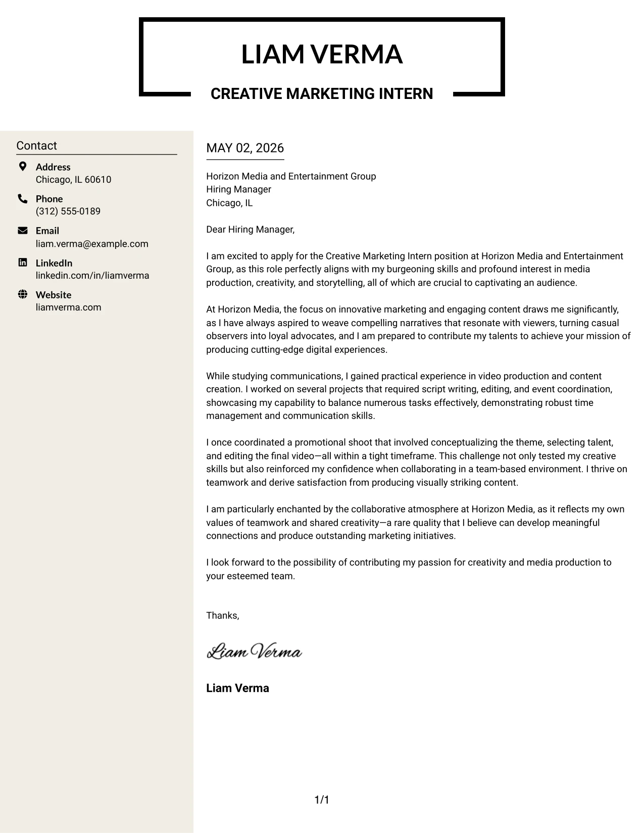 Creative Marketing Intern Cover Letter Example Stylish Two Column Designer Format