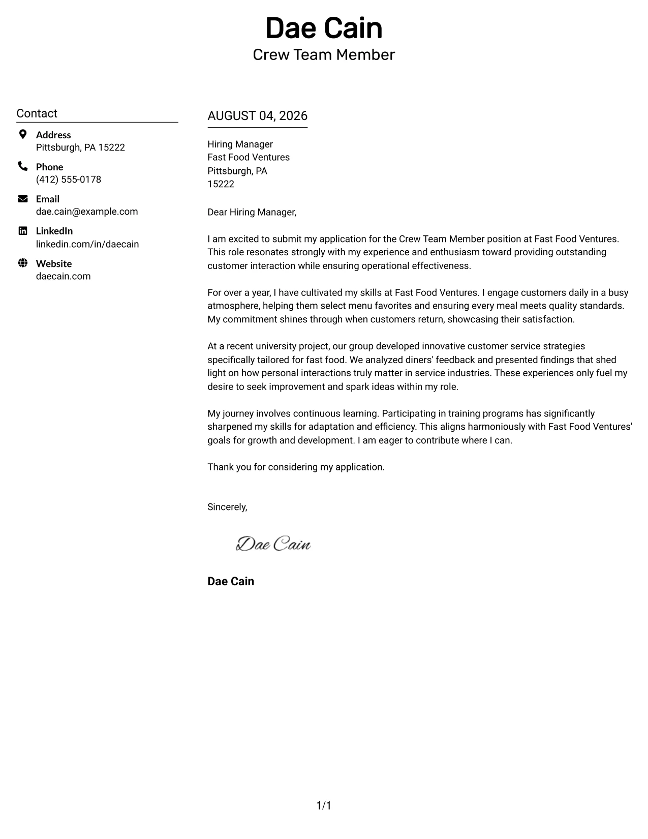 Resume Example Page 1