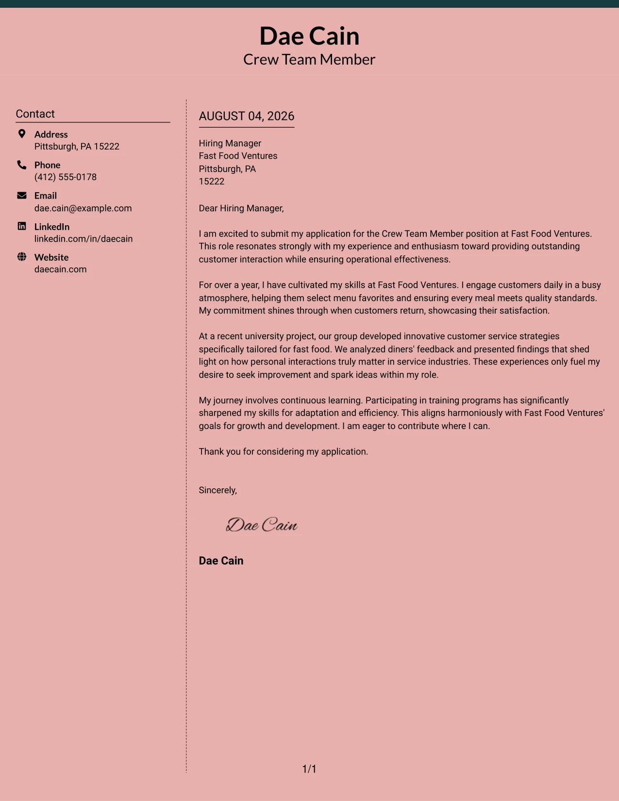 Resume Example Page 1