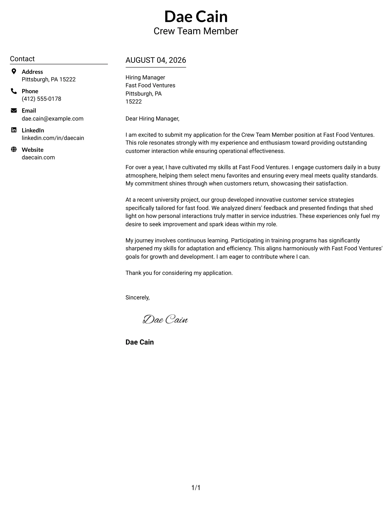 Resume Example Page 1