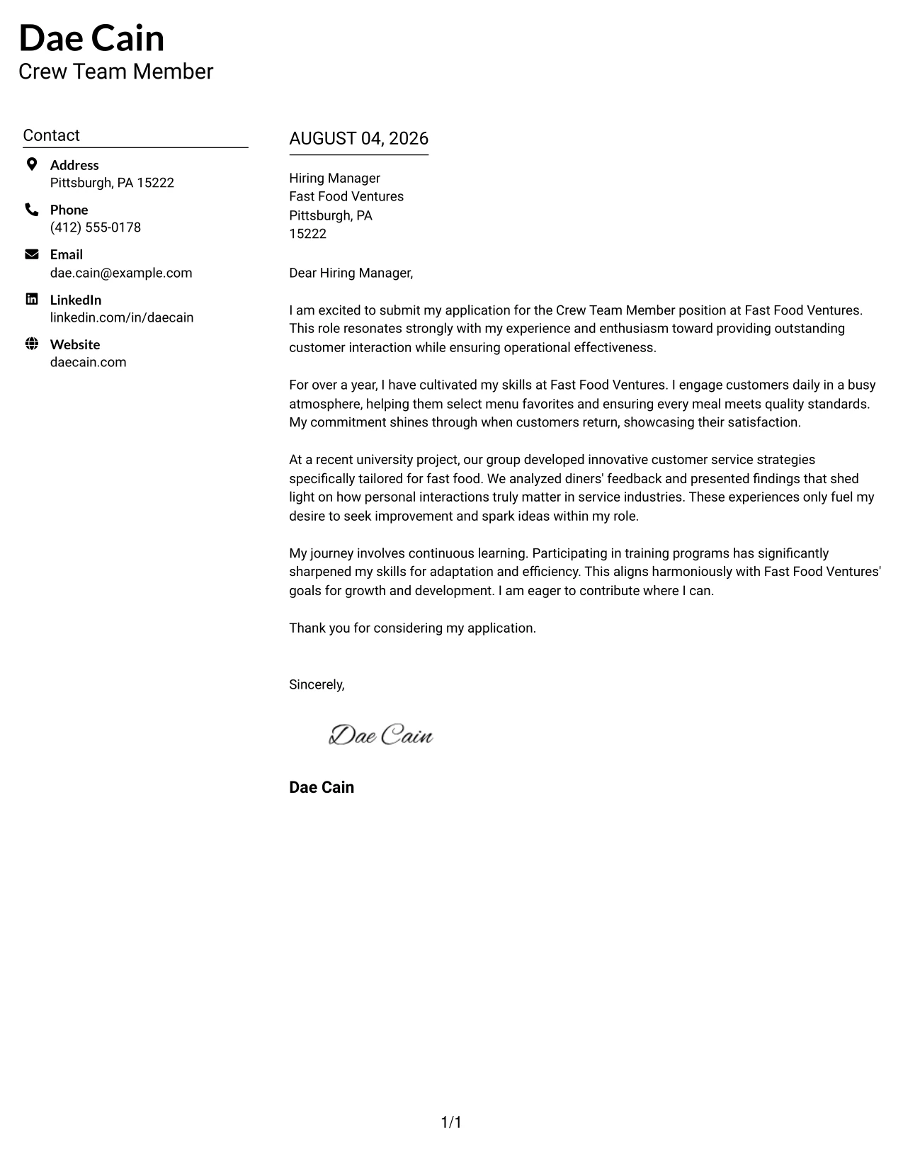 Resume Example Page 1