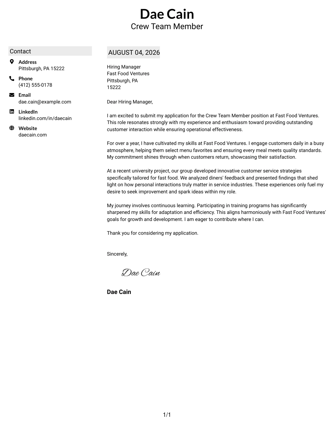 Resume Example Page 1