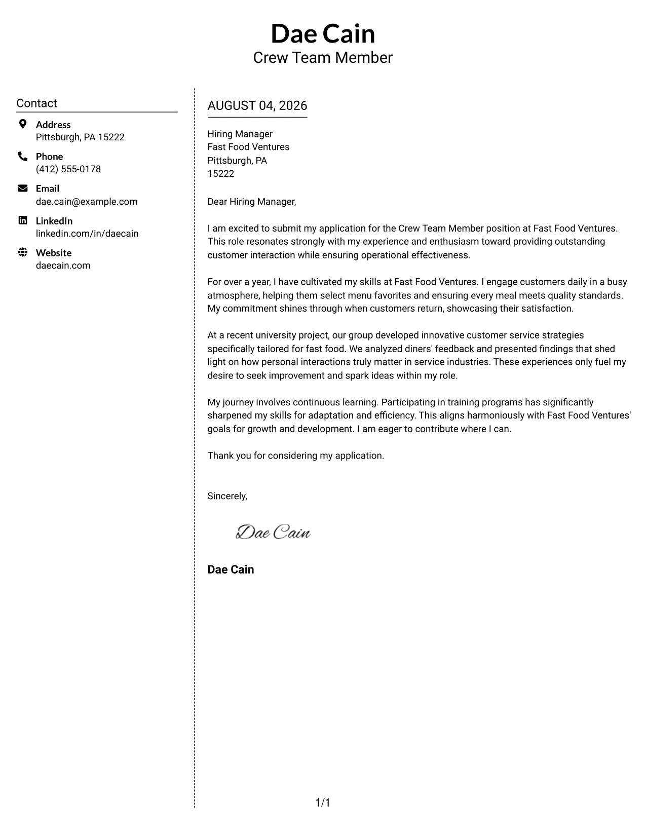 Resume Example Page 1
