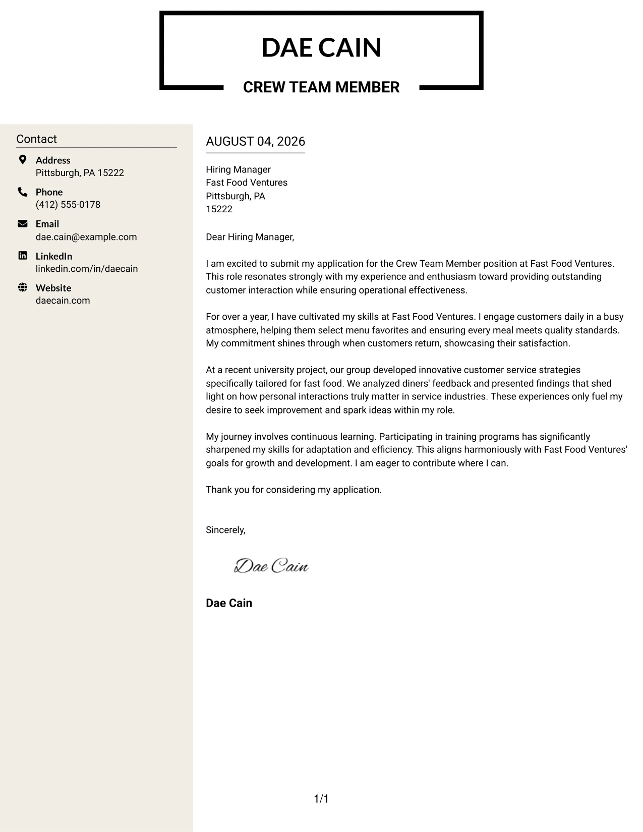 Resume Example Page 1