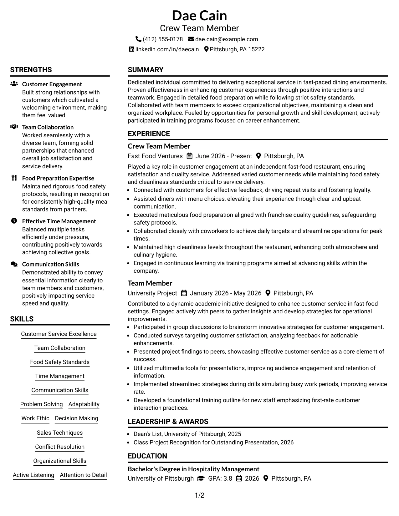 Resume Example Page 1