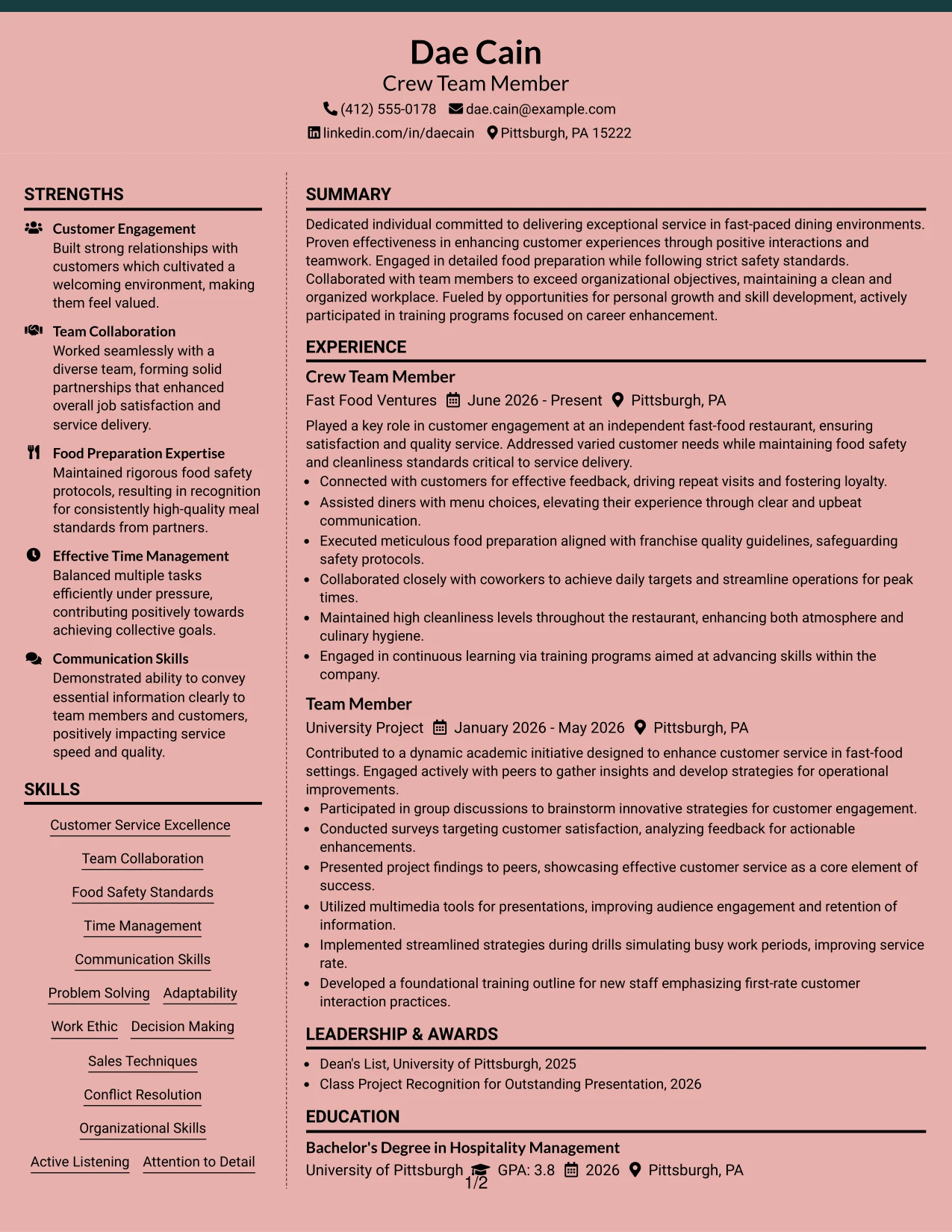Resume Example Page 1