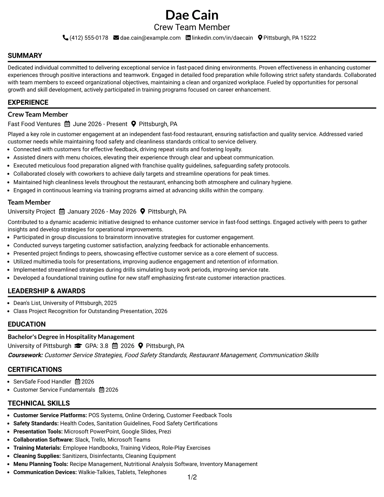 Resume Example Page 1