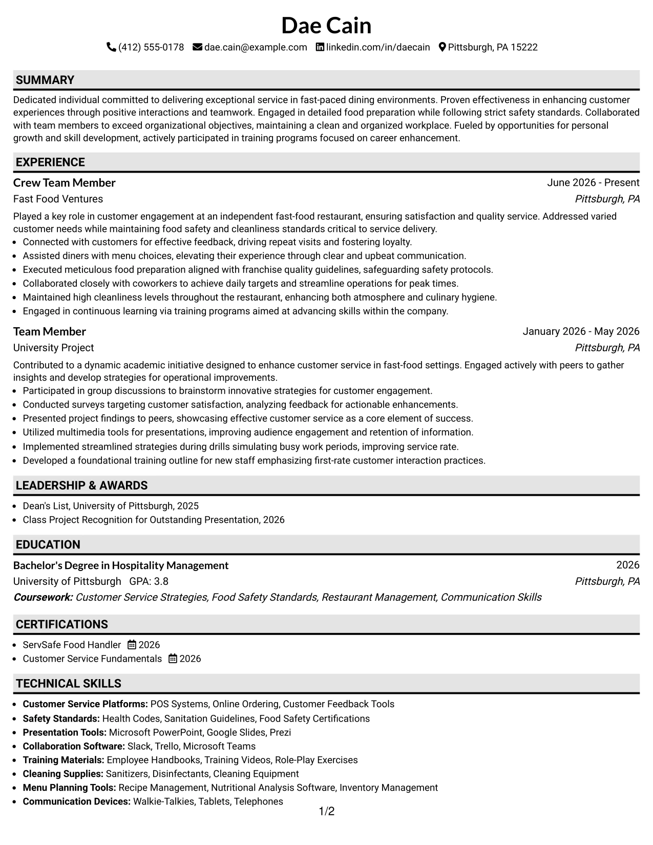 Resume Example Page 1