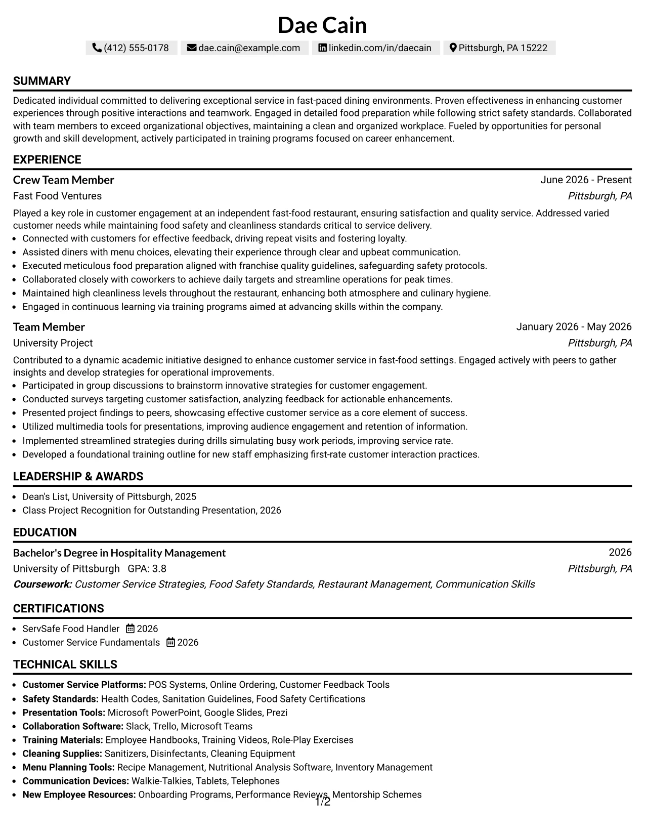 Resume Example Page 1