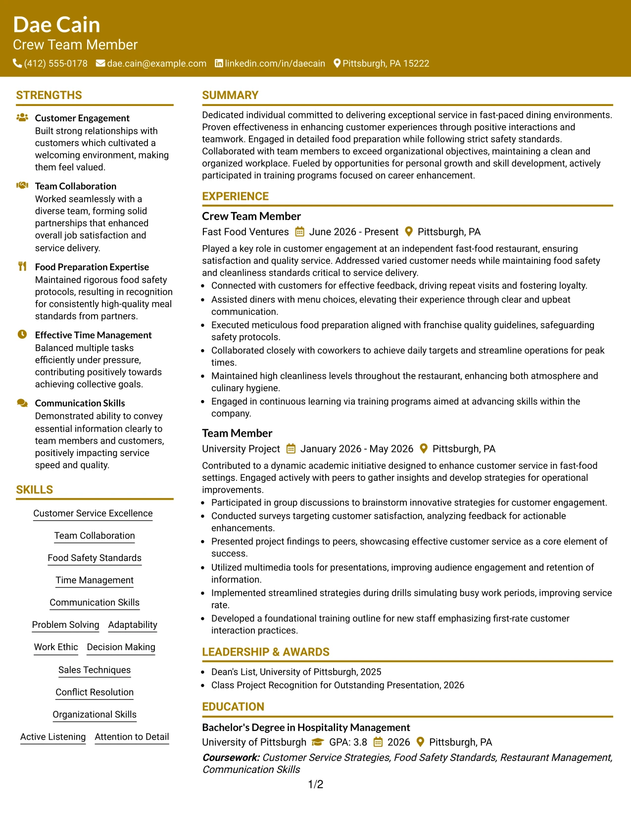 Resume Example Page 1