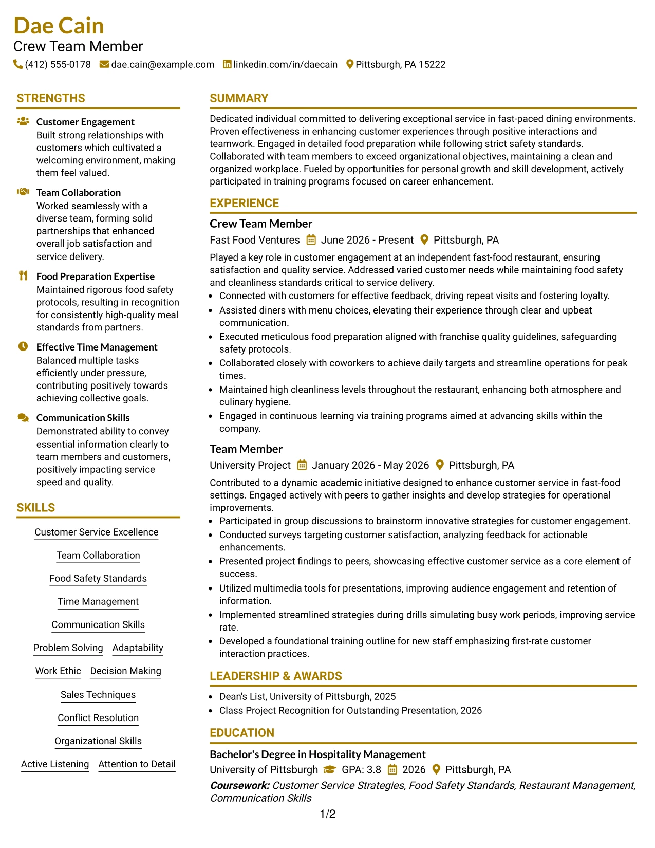 Resume Example Page 1