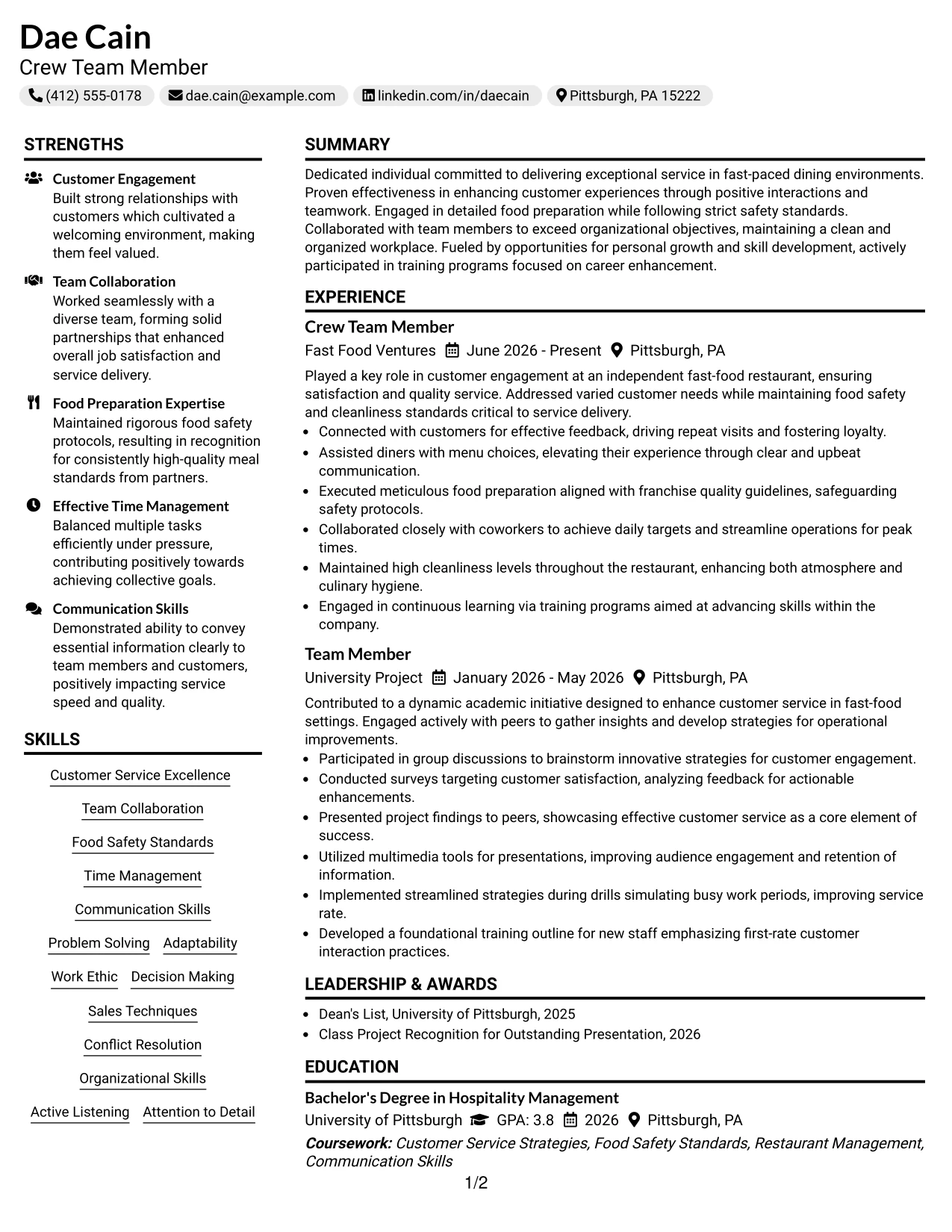 Resume Example Page 1