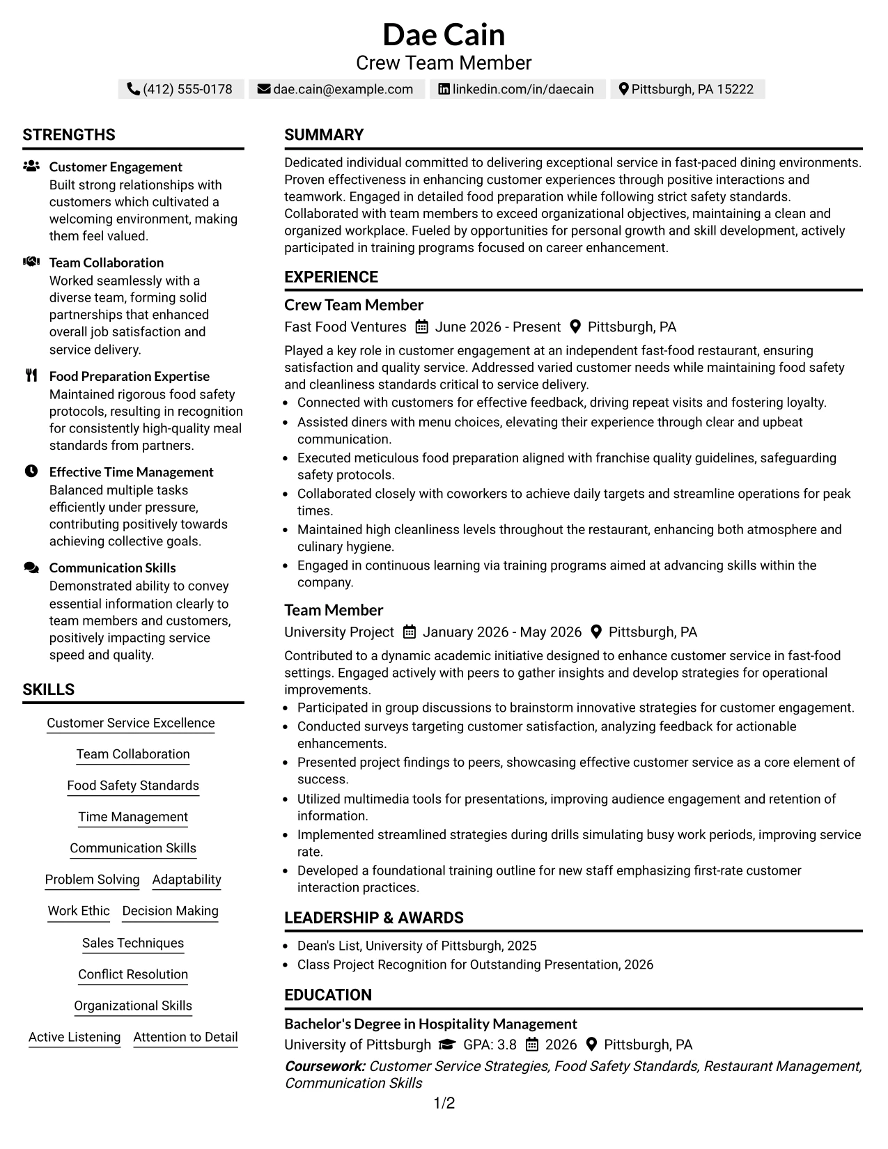Resume Example Page 1