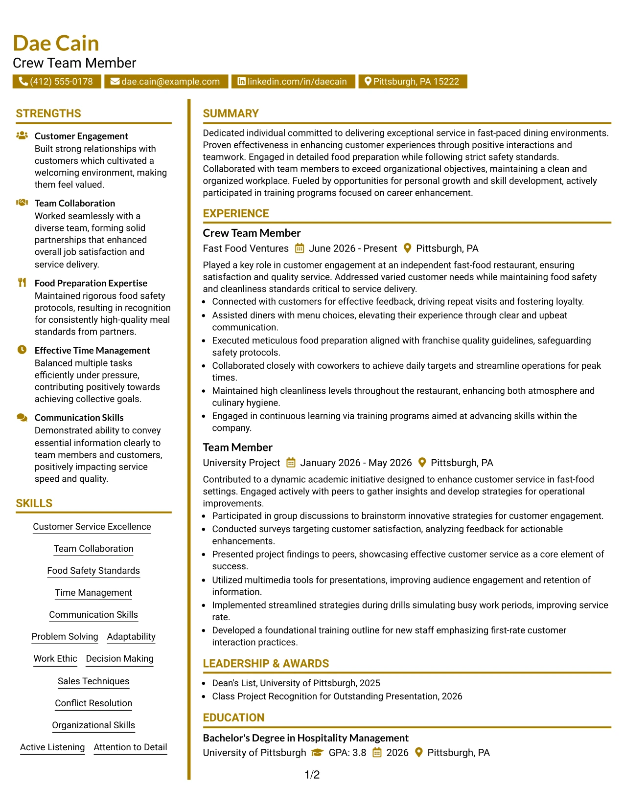 Resume Example Page 1