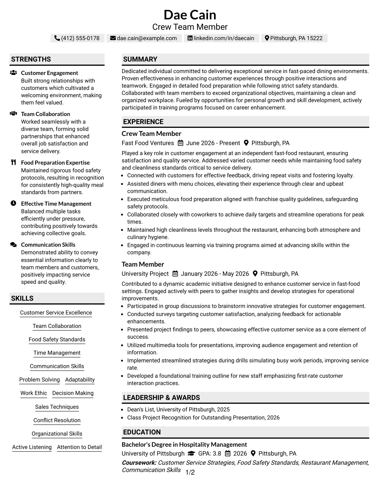 Resume Example Page 1