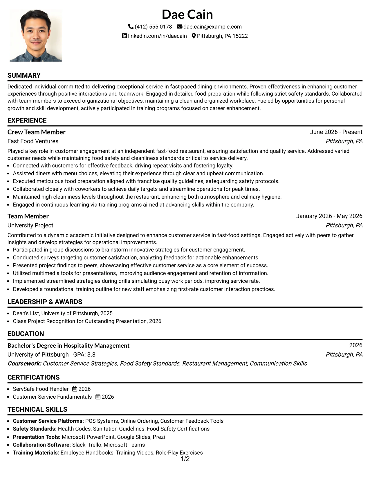 Resume Example Page 1