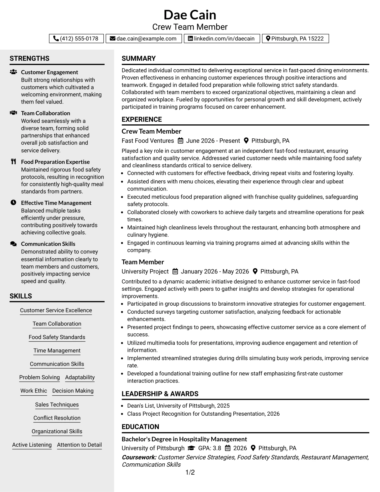 Resume Example Page 1