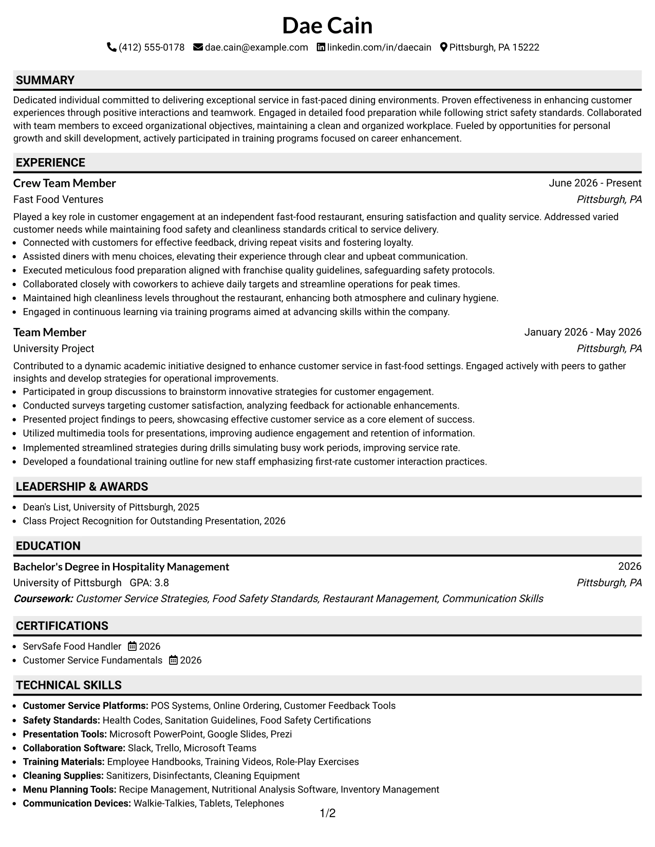 Resume Example Page 1