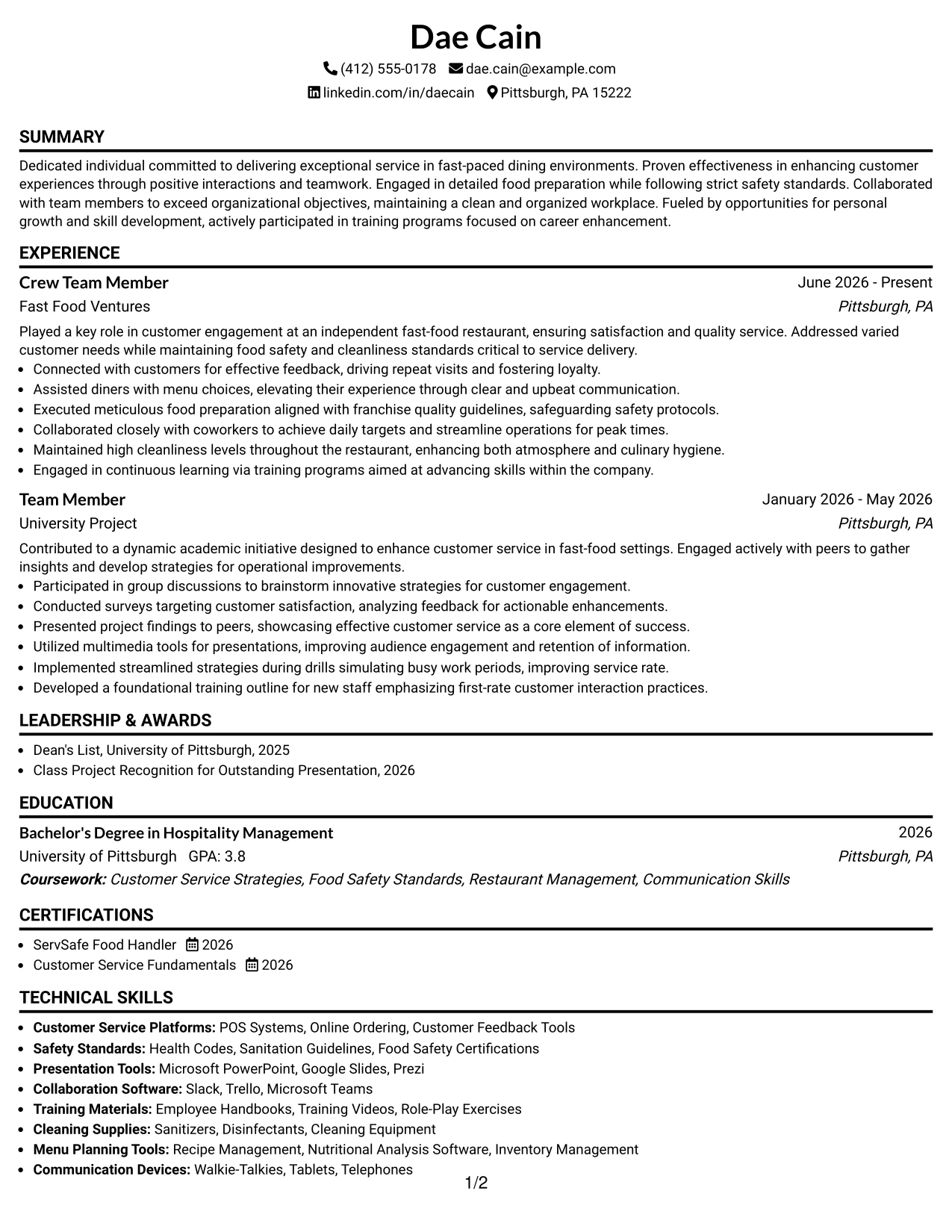 Resume Example Page 1