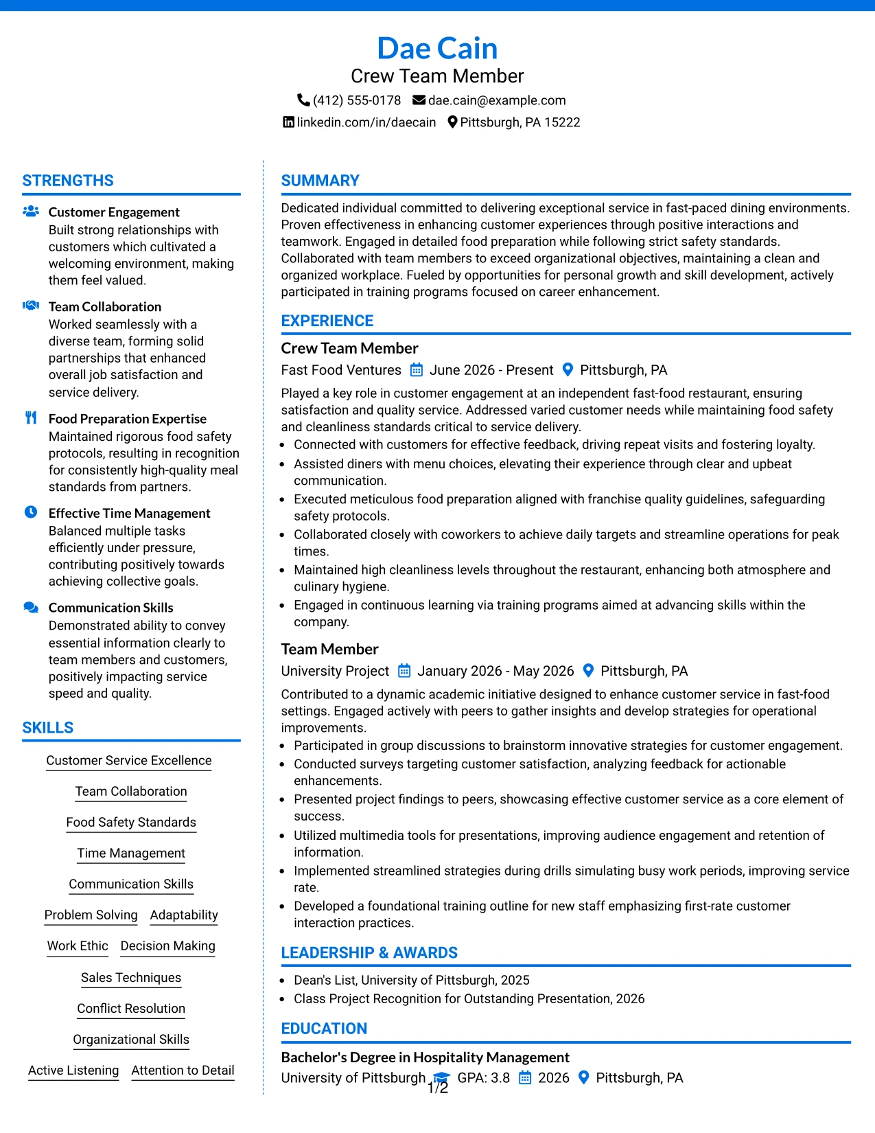 Resume Example Page 1