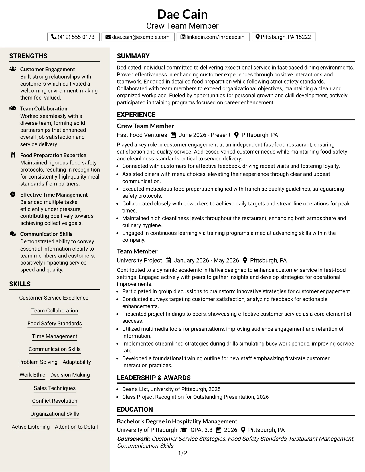 Resume Example Page 1