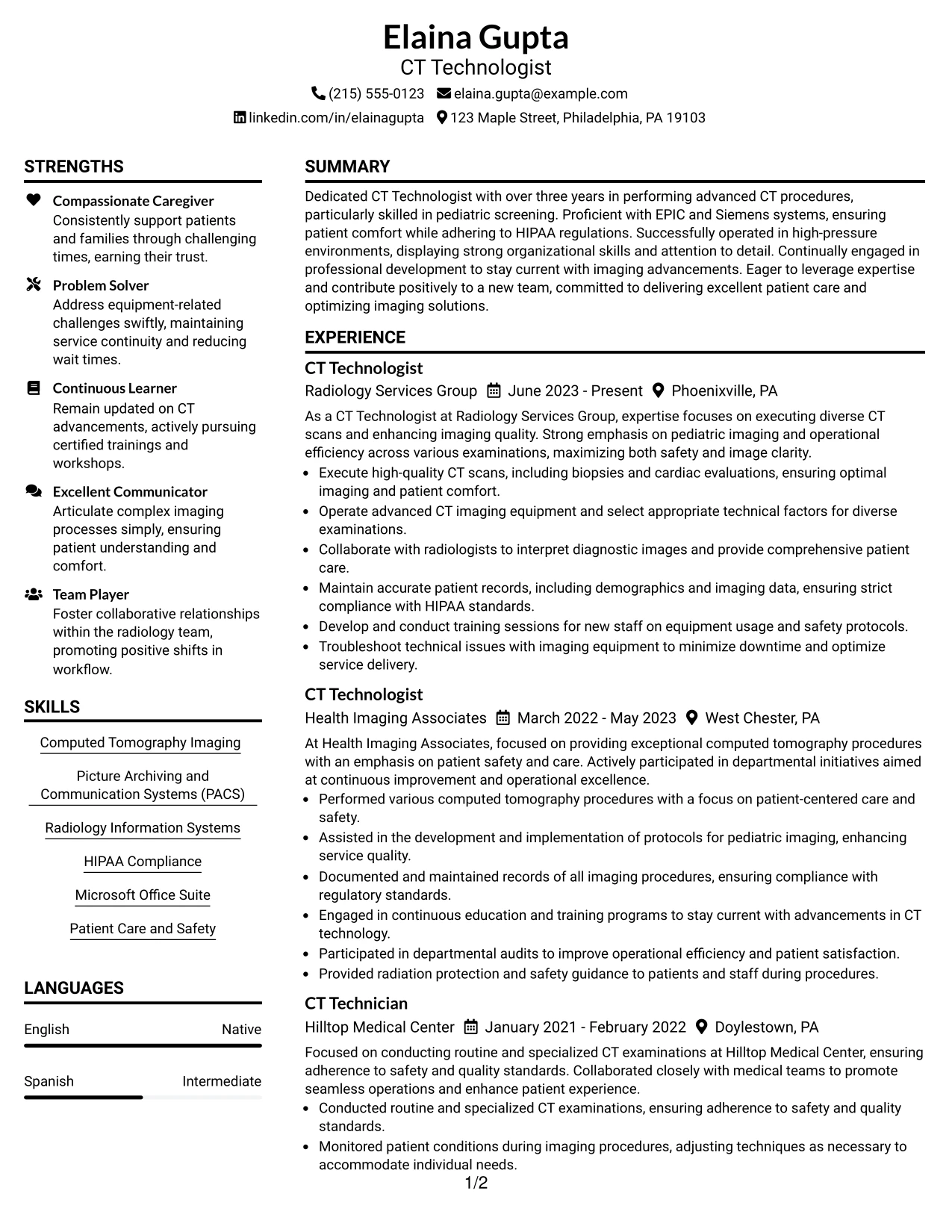 Resume Example Page 1