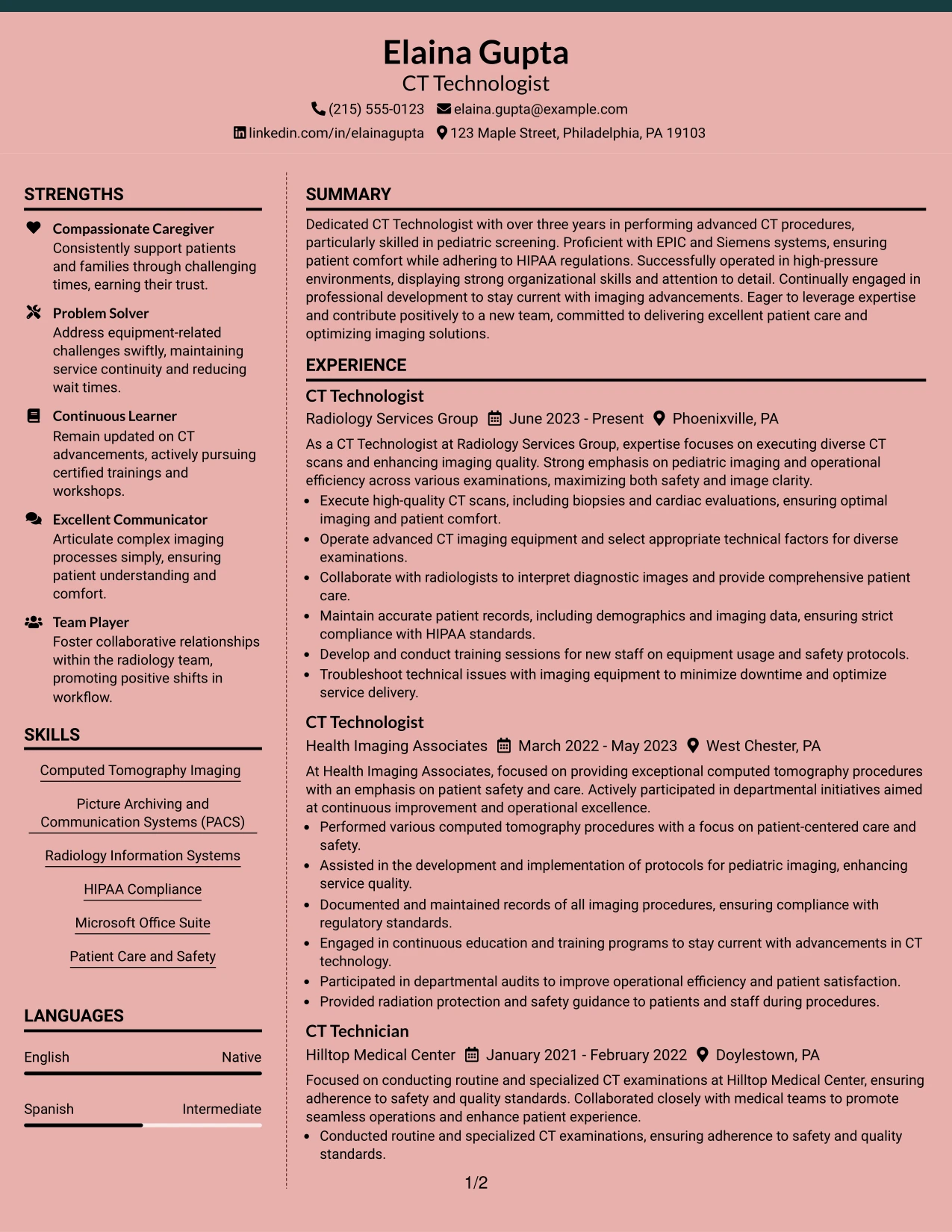 Resume Example Page 1