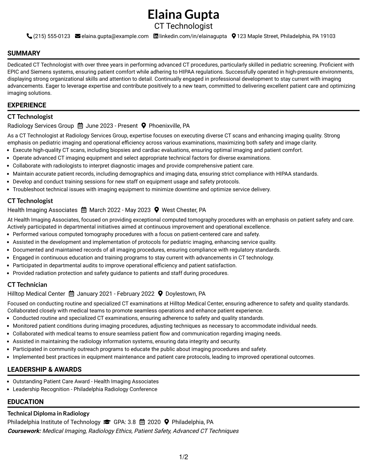 Resume Example Page 1
