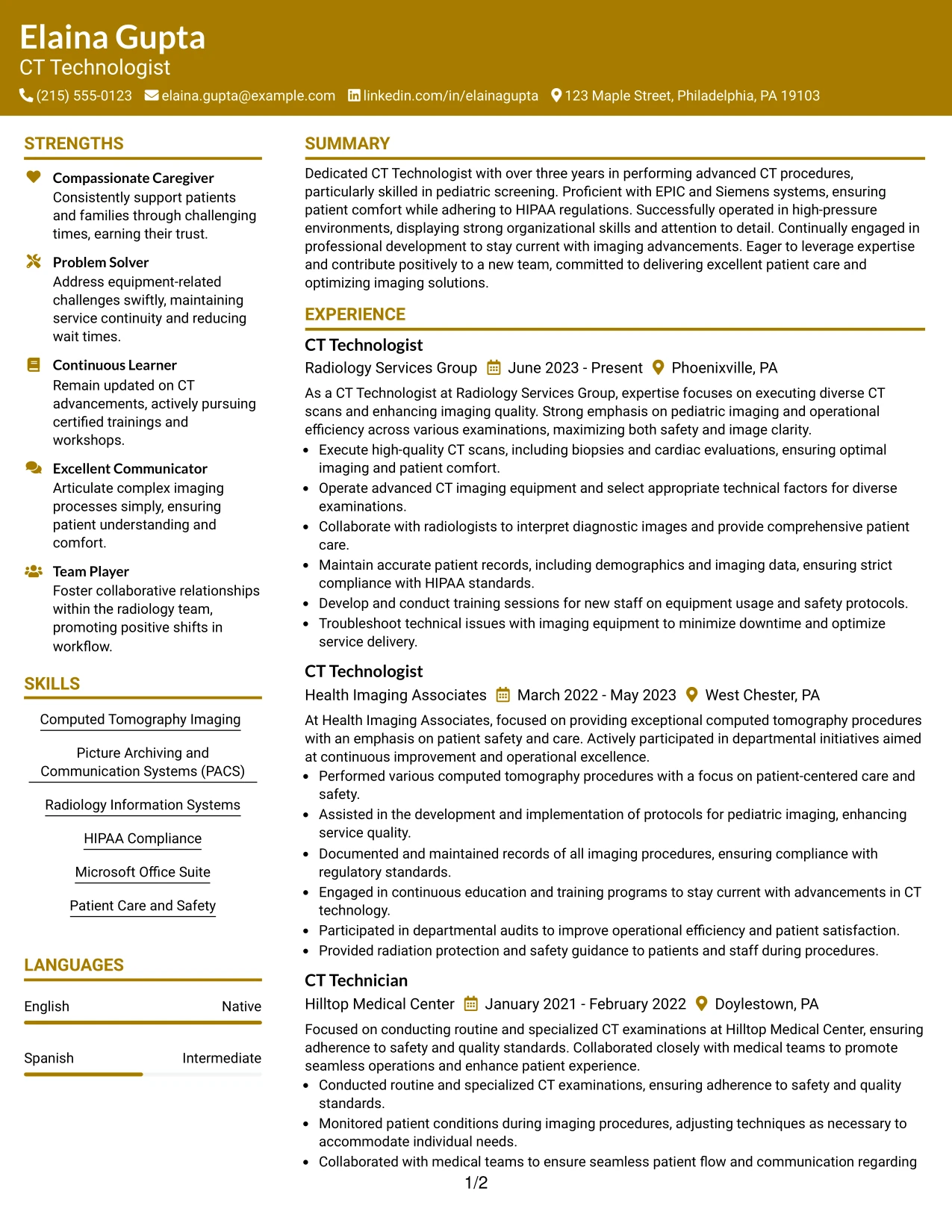 Resume Example Page 1