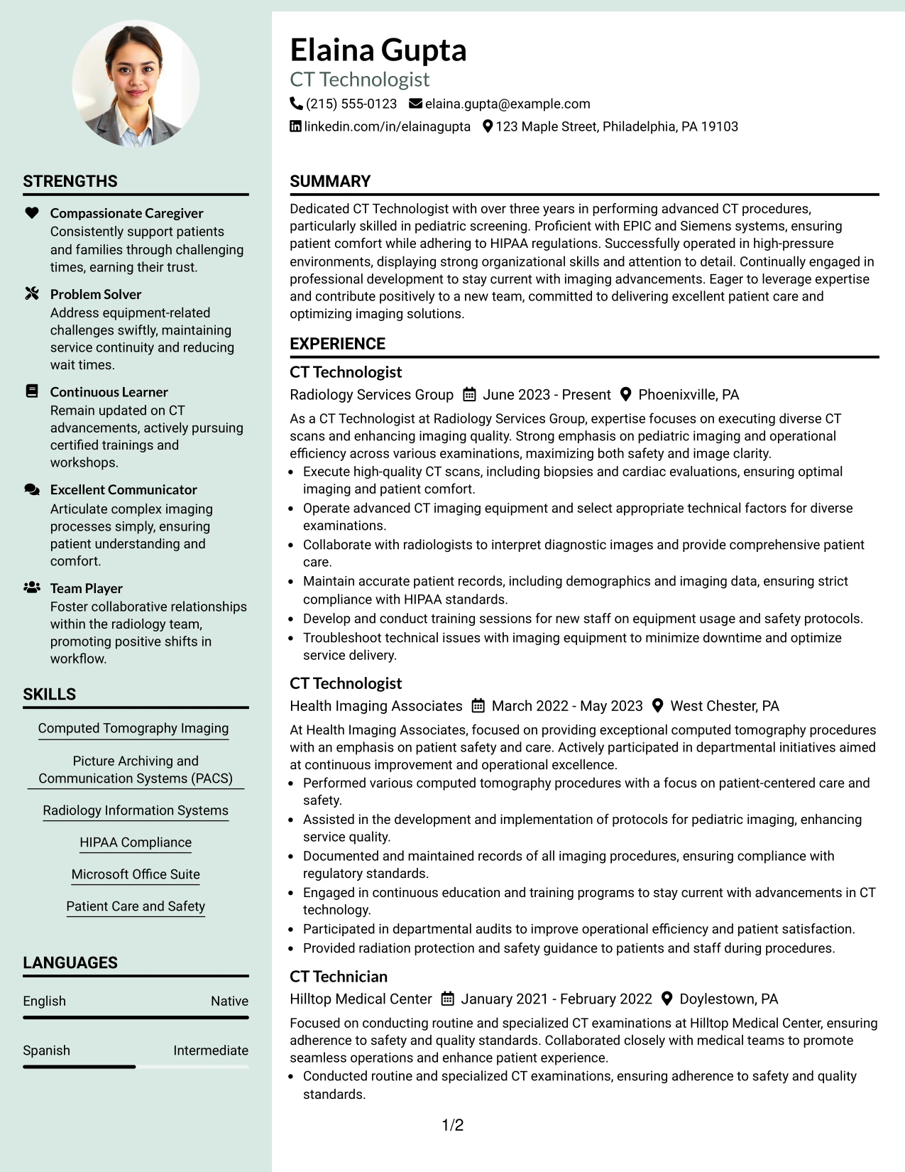 Resume Example Page 1