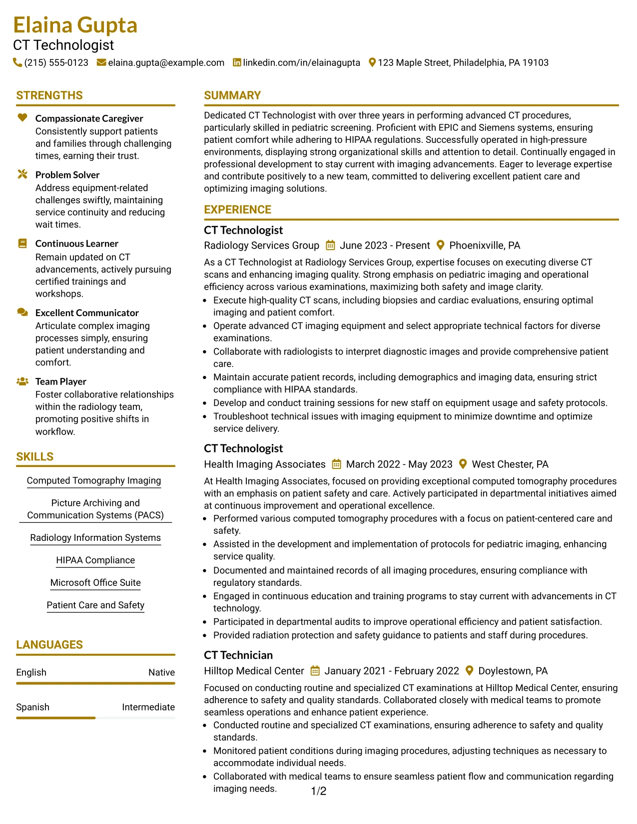 Resume Example Page 1