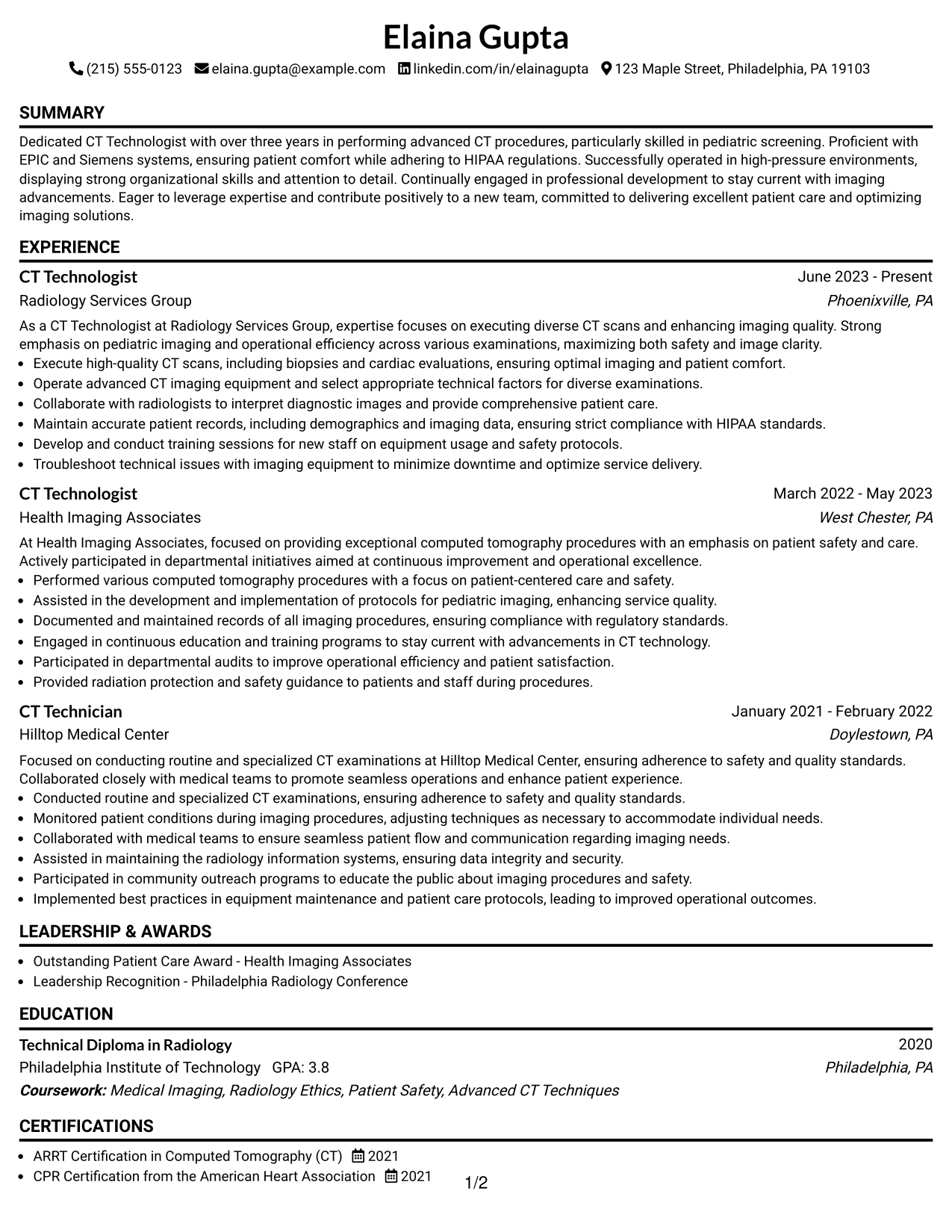 Resume Example Page 1