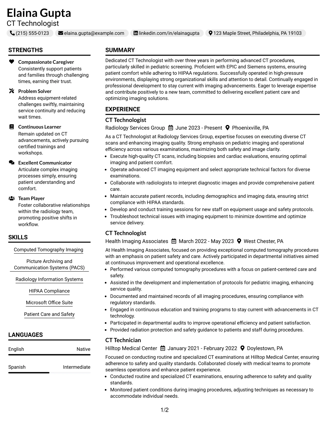 Resume Example Page 1