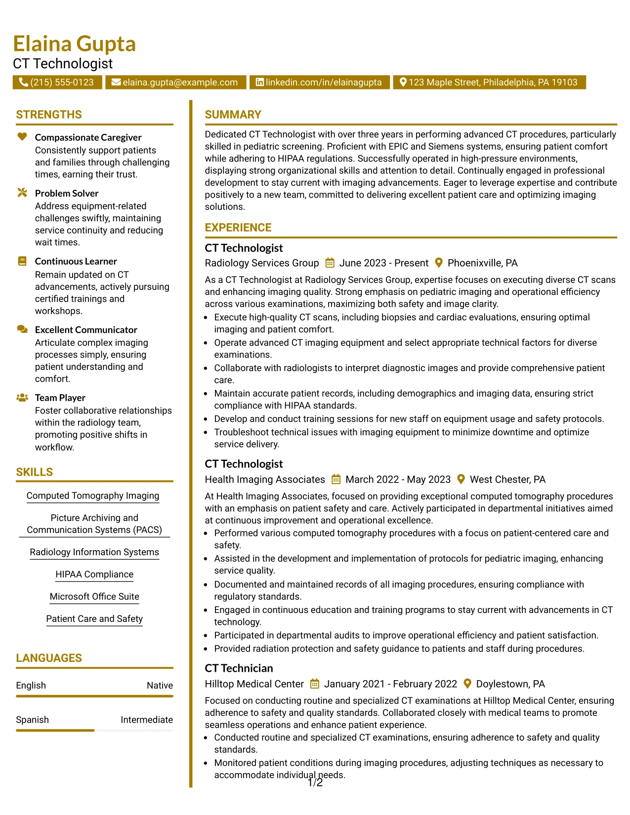 Resume Example Page 1