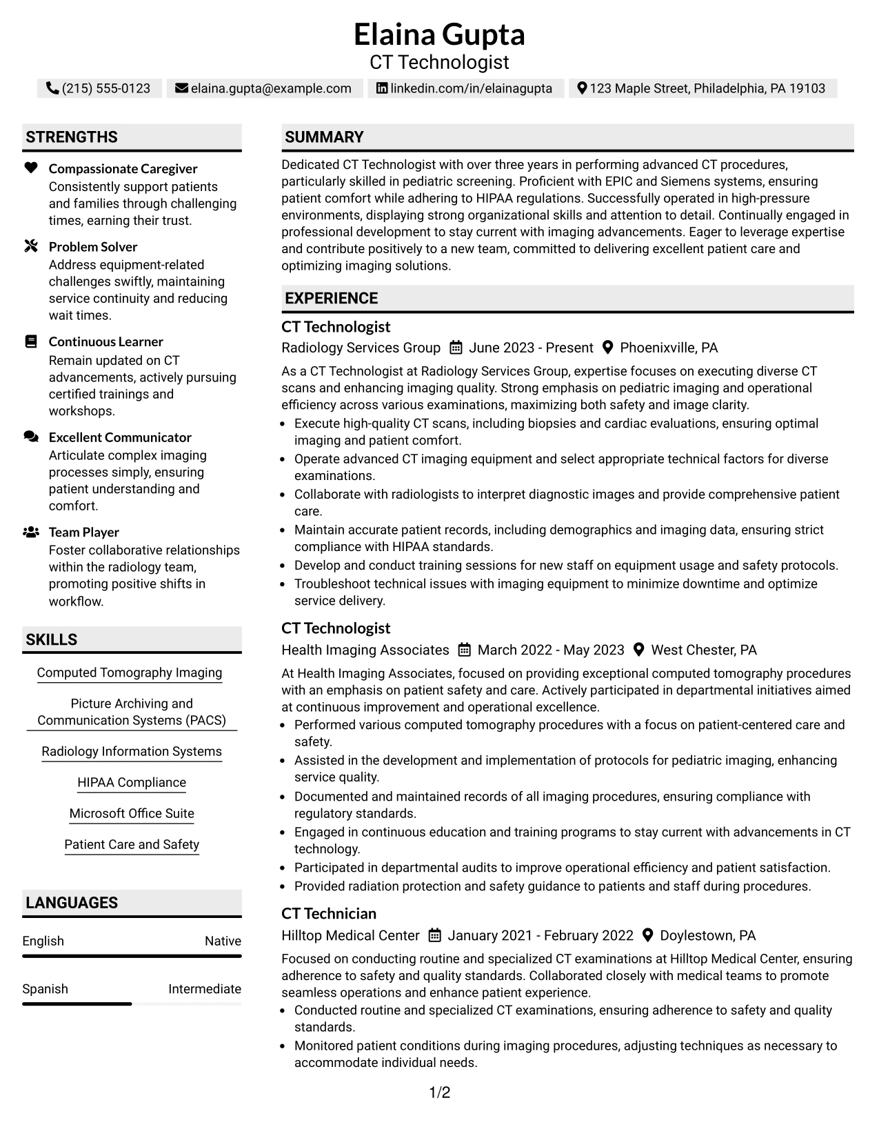 Resume Example Page 1
