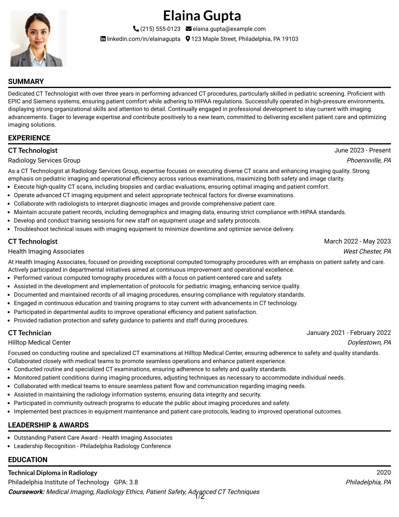 Resume Example Page 1