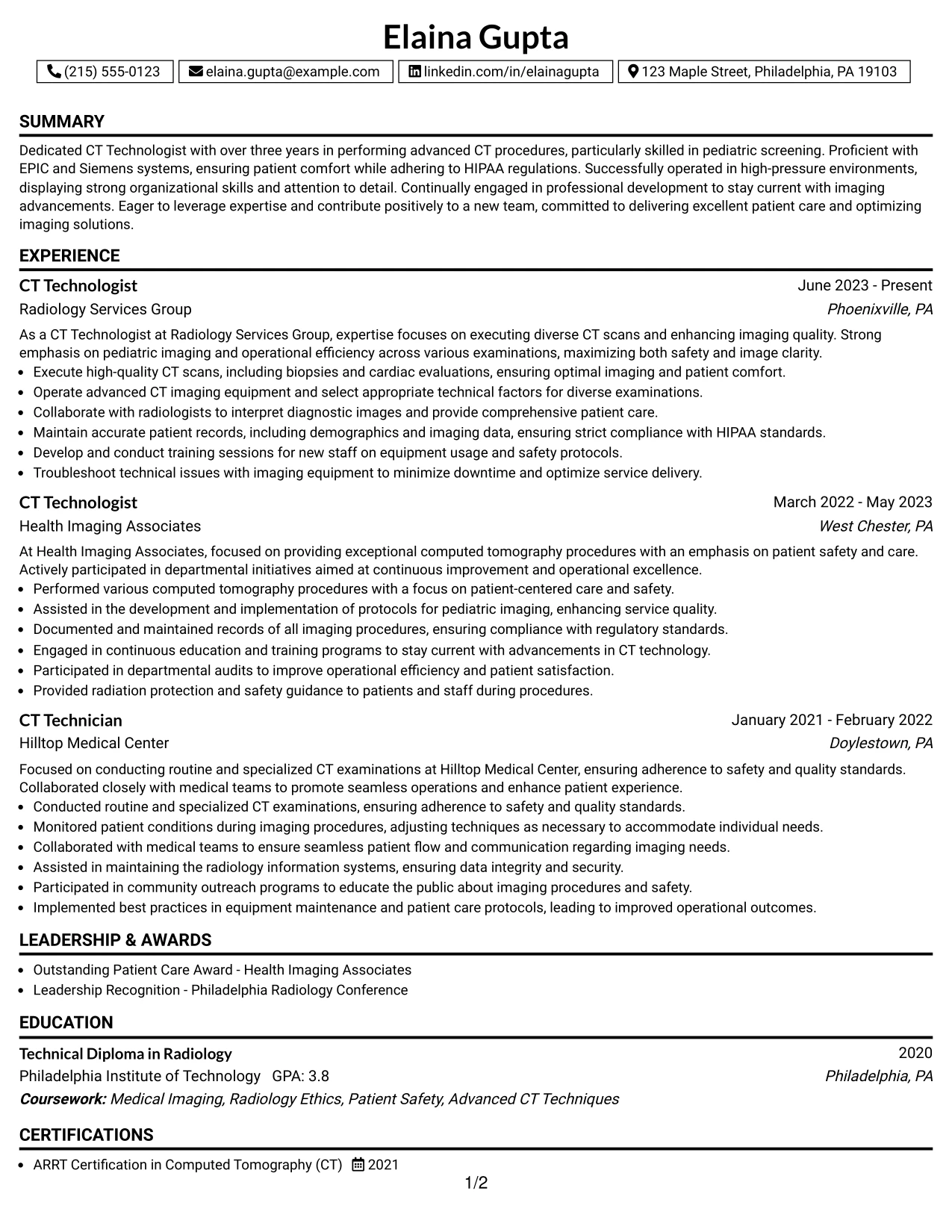 Resume Example Page 1
