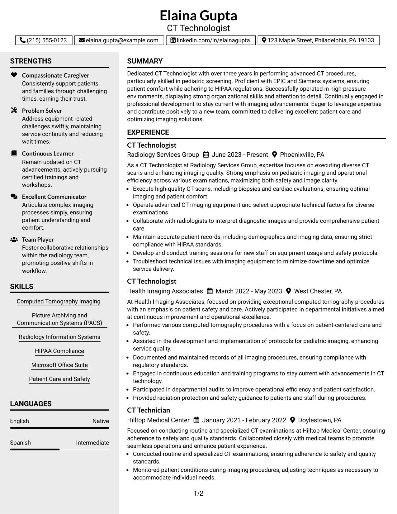 Resume Example Page 1