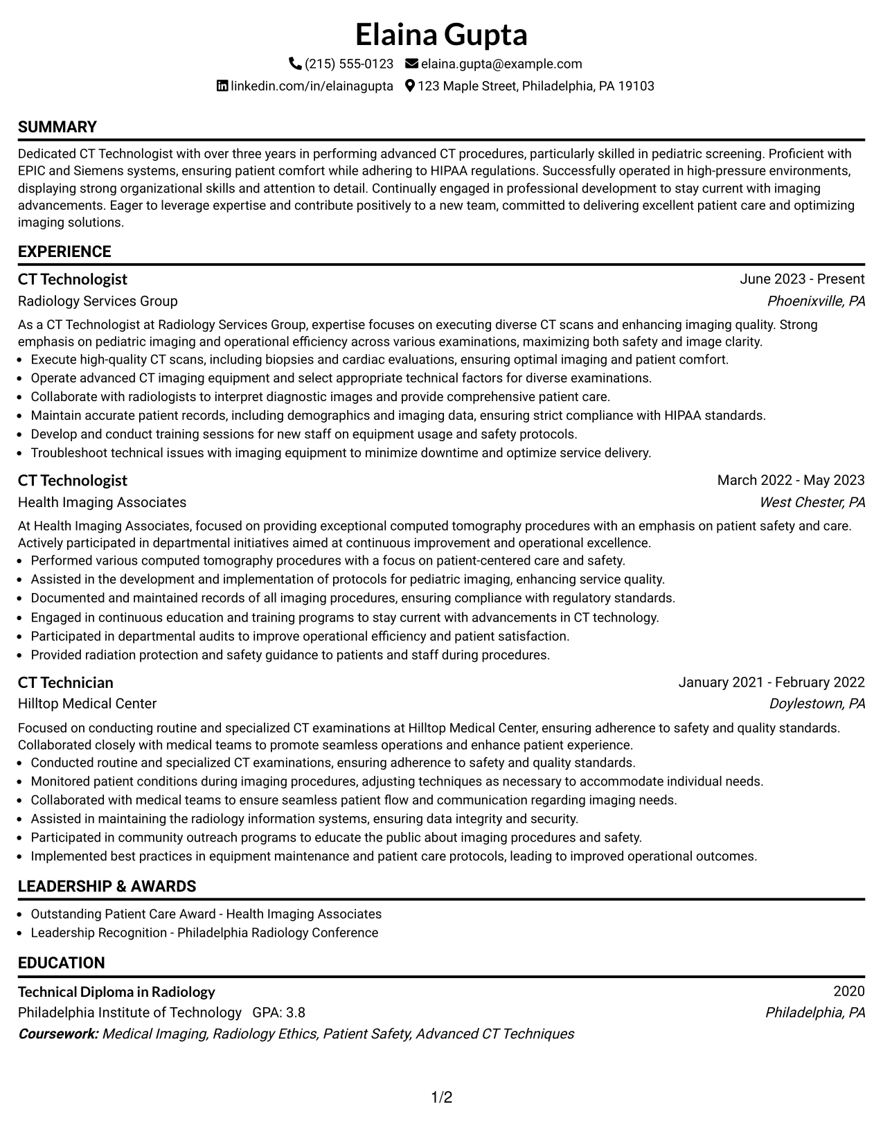 Resume Example Page 1