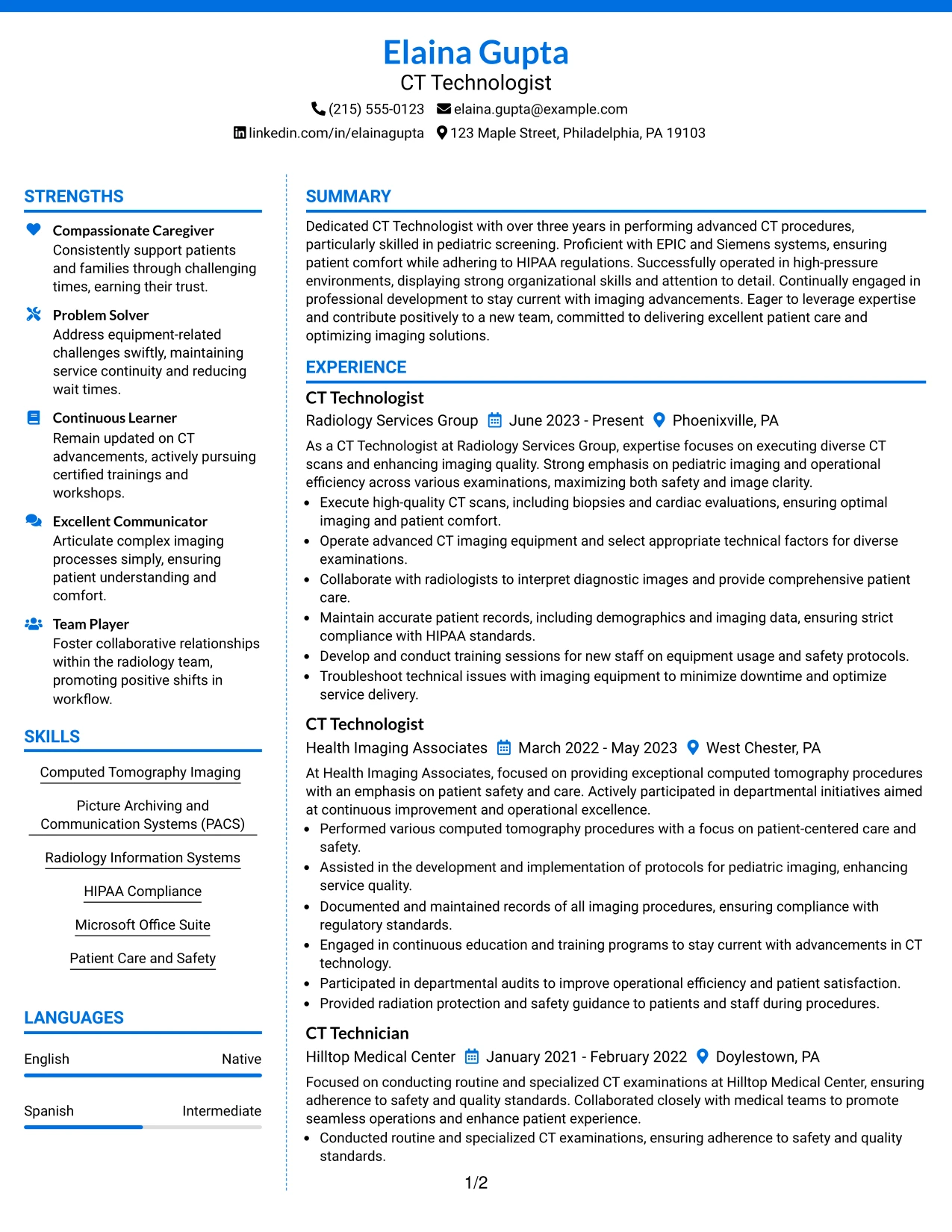 Resume Example Page 1