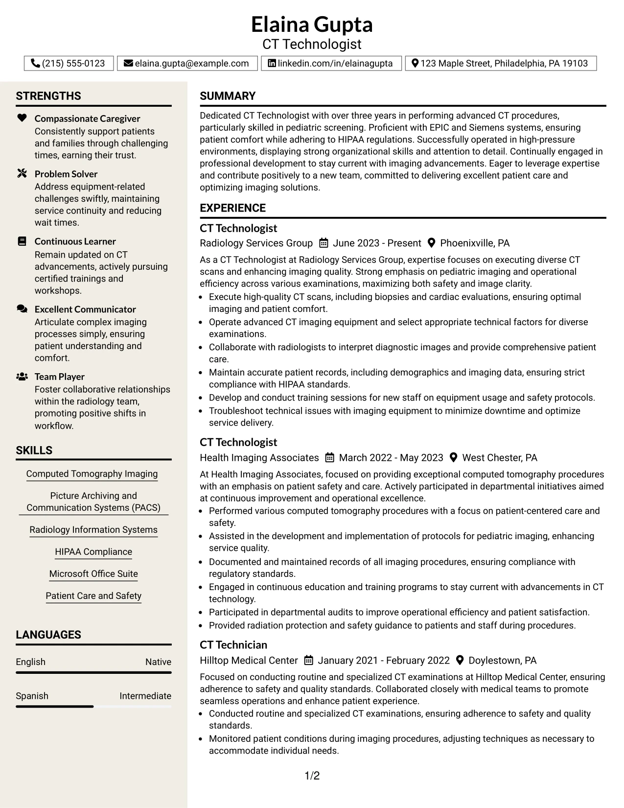 Resume Example Page 1