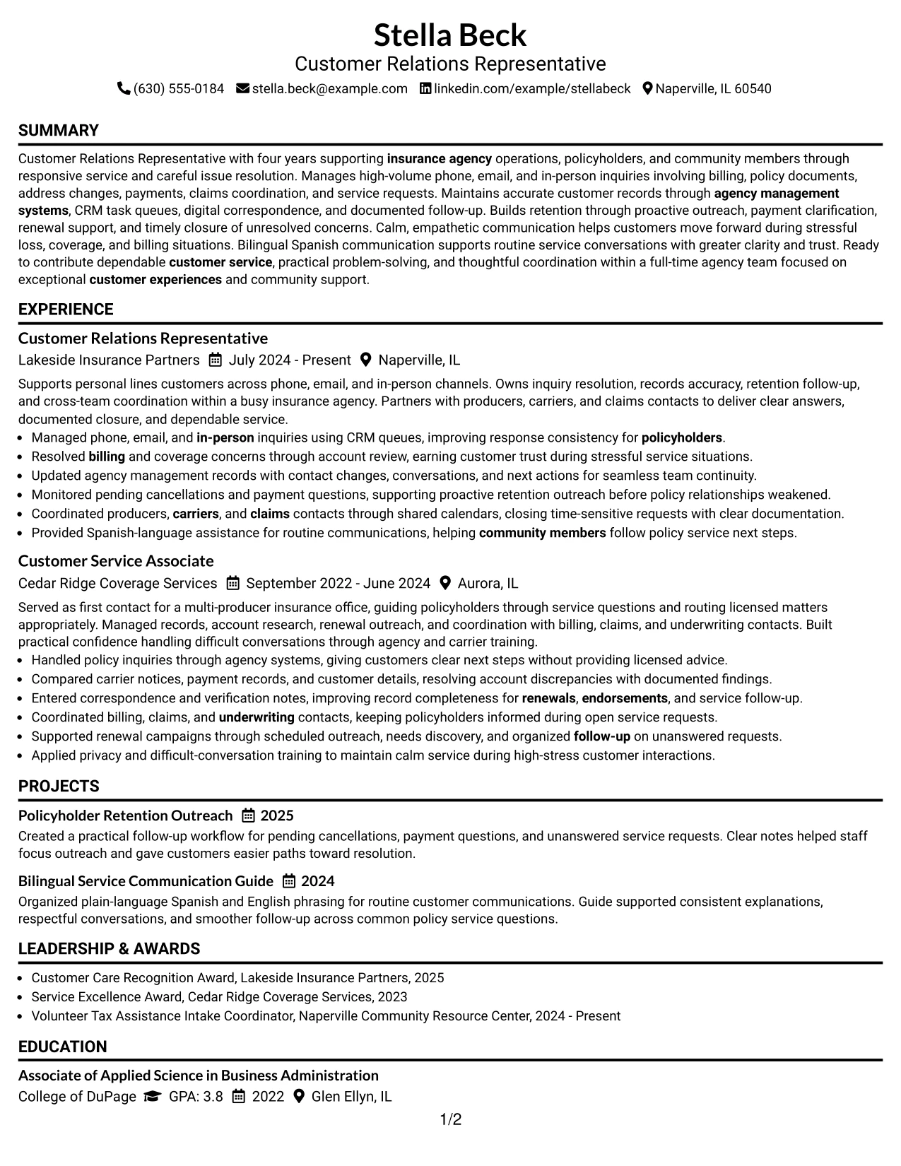 Resume Example Page 1
