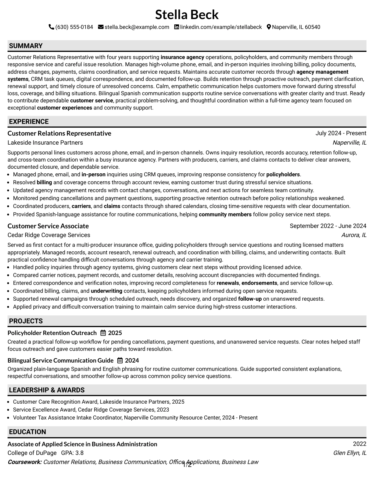 Resume Example Page 1