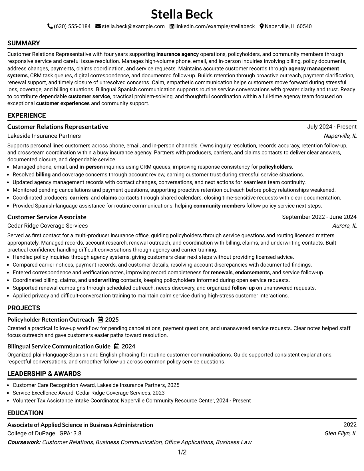 Resume Example Page 1