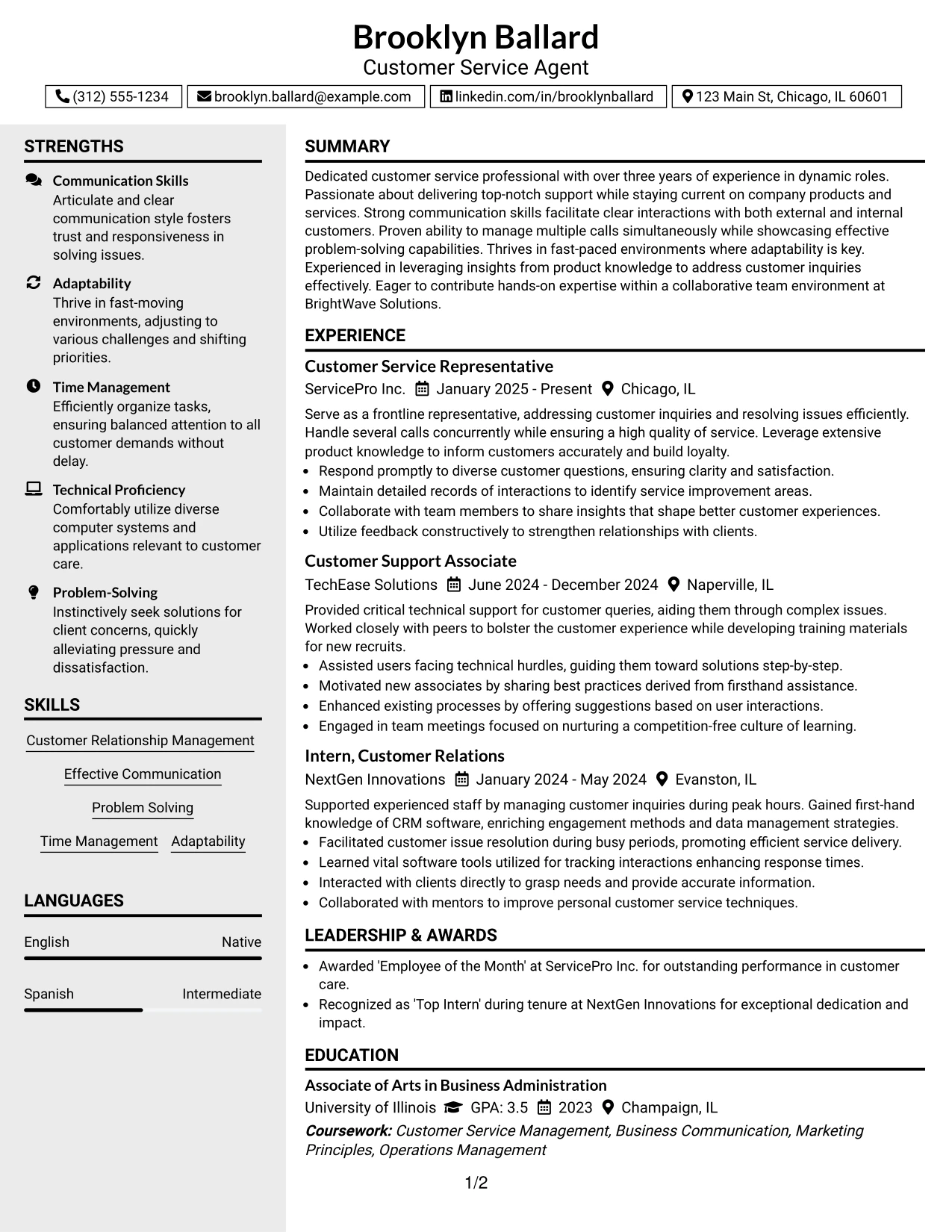 Resume Example Page 1