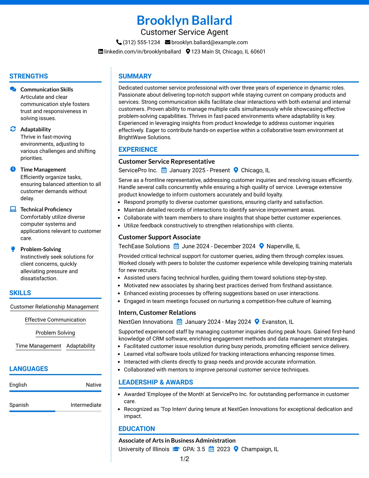 Resume Example Page 1